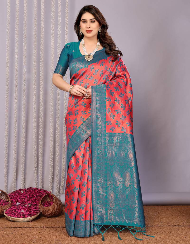 gajri rama  soft art silk blend banarasi jacuard work designer party wear saree with unstitched blouse piece