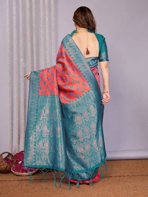gajri rama silk blend banarasi saree with unstitched blouse piece 3