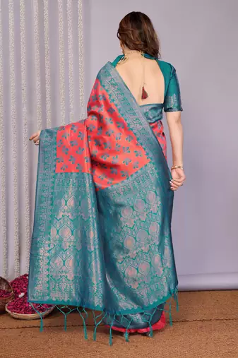 gajri rama silk blend banarasi saree with unstitched blouse piece