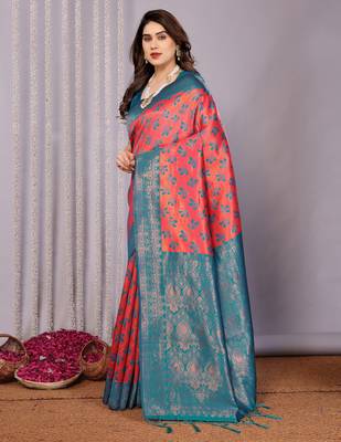 gajri rama silk blend banarasi saree with unstitched blouse piece 4