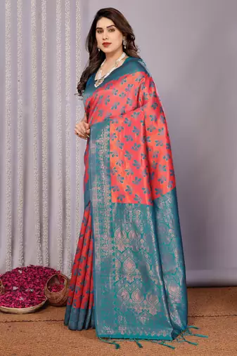 gajri rama silk blend banarasi saree with unstitched blouse piece