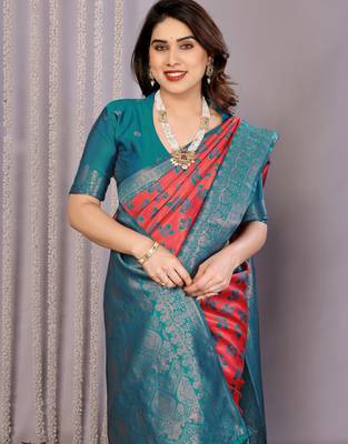 gajri rama silk blend banarasi saree with unstitched blouse piece 1