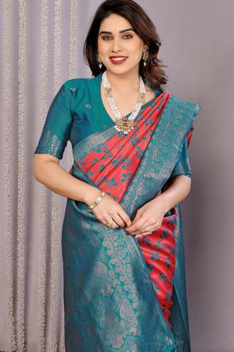 gajri rama  soft art silk blend banarasi jacuard work designer party wear saree with unstitched blouse piece