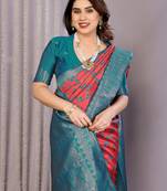 gajri rama silk blend banarasi saree with unstitched blouse piece