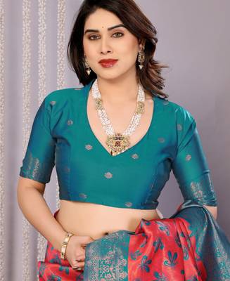 gajri rama silk blend banarasi saree with unstitched blouse piece 5