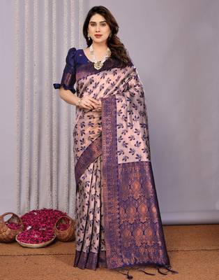 grey neavy blue silk blend banarasi saree with unstitched blouse piece 2