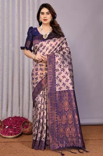 grey neavy blue silk blend banarasi saree with unstitched blouse piece