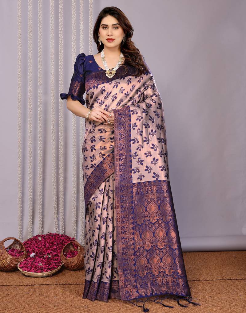 grey neavy blue  soft art silk blend banarasi jacuard work designer party wear saree with unstitched blouse piece