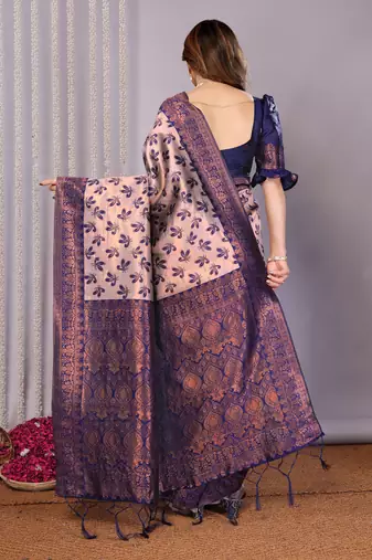 grey neavy blue silk blend banarasi saree with unstitched blouse piece