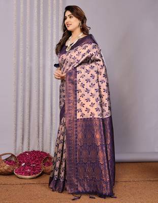 grey neavy blue silk blend banarasi saree with unstitched blouse piece 4