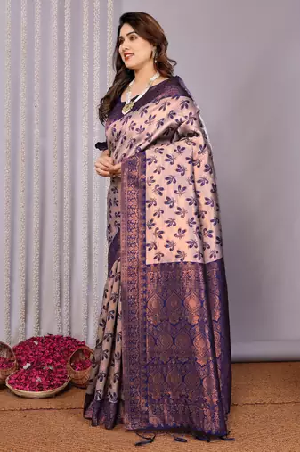 grey neavy blue silk blend banarasi saree with unstitched blouse piece