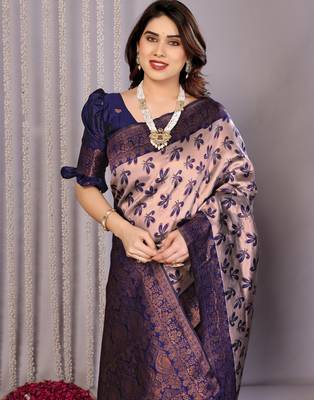 grey neavy blue silk blend banarasi saree with unstitched blouse piece 1