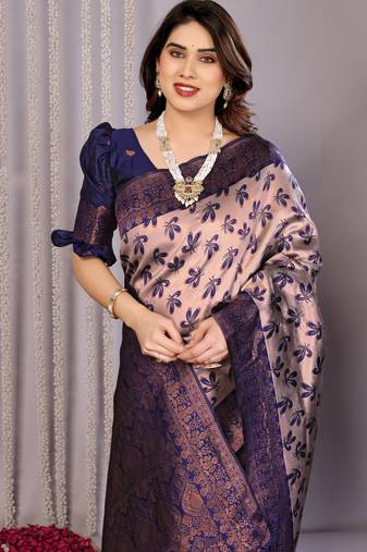 grey neavy blue  soft art silk blend banarasi jacuard work designer party wear saree with unstitched blouse piece