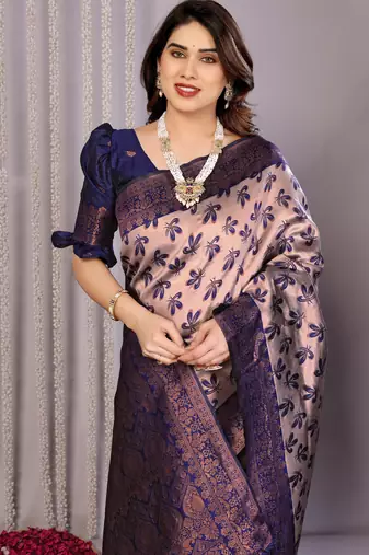 grey neavy blue  soft art silk blend banarasi jacuard work designer party wear saree with unstitched blouse piece