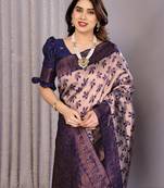 grey neavy blue soft art silk blend banarasi jacuard work designer party wear saree with unstitched blouse piece