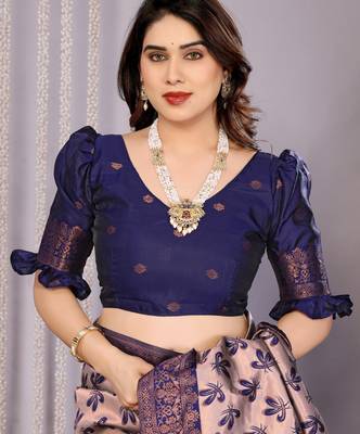 grey neavy blue silk blend banarasi saree with unstitched blouse piece 5