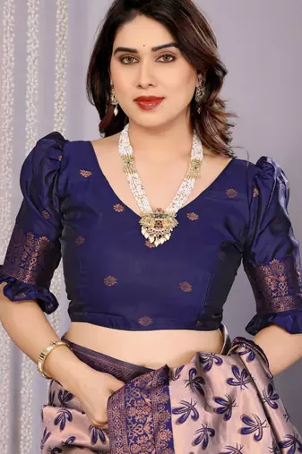 grey neavy blue silk blend banarasi saree with unstitched blouse piece