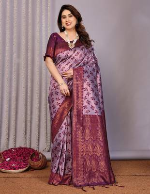 lavender wine silk blend banarasi saree with unstitched blouse piece 2