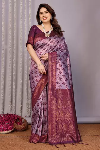 lavender wine silk blend banarasi saree with unstitched blouse piece
