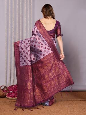 lavender wine silk blend banarasi saree with unstitched blouse piece 3