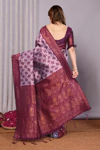 lavender wine silk blend banarasi saree with unstitched blouse piece