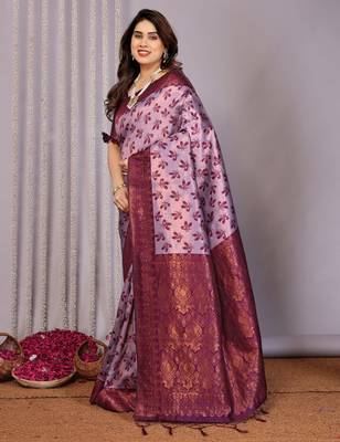 lavender wine silk blend banarasi saree with unstitched blouse piece 4
