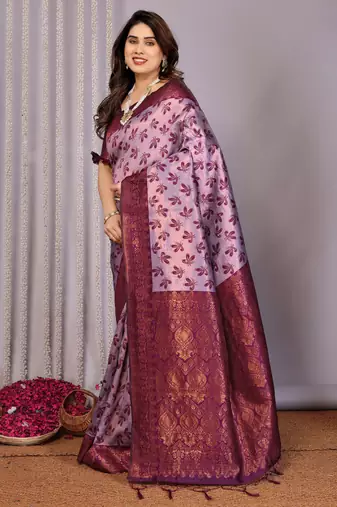 lavender wine silk blend banarasi saree with unstitched blouse piece