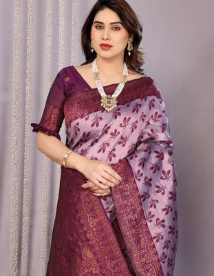 lavender wine silk blend banarasi saree with unstitched blouse piece 1