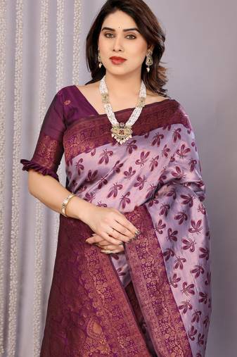 lavender wine  soft art silk blend banarasi jacuard work designer party wear saree with unstitched blouse piece