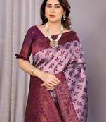 lavender wine silk blend banarasi saree with unstitched blouse piece