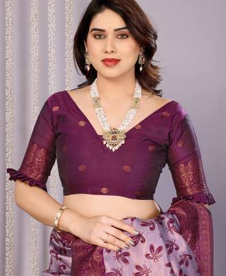 lavender wine silk blend banarasi saree with unstitched blouse piece 5