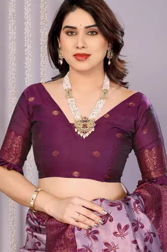 lavender wine silk blend banarasi saree with unstitched blouse piece