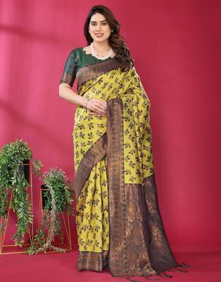 lemon green silk blend banarasi saree with unstitched blouse piece 1