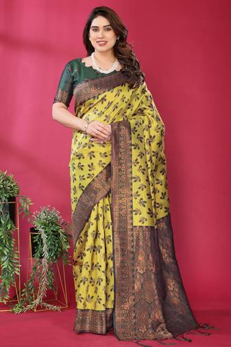 lemon green  soft art silk blend banarasi jacuard work designer party wear saree with unstitched blouse piece