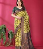 lemon green  soft art silk blend banarasi jacuard work designer party wear saree with unstitched blouse piece