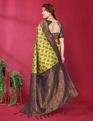 lemon green silk blend banarasi saree with unstitched blouse piece 2