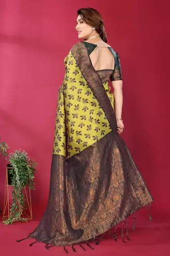 lemon green silk blend banarasi saree with unstitched blouse piece