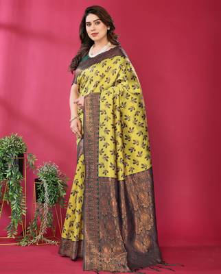 lemon green silk blend banarasi saree with unstitched blouse piece 3