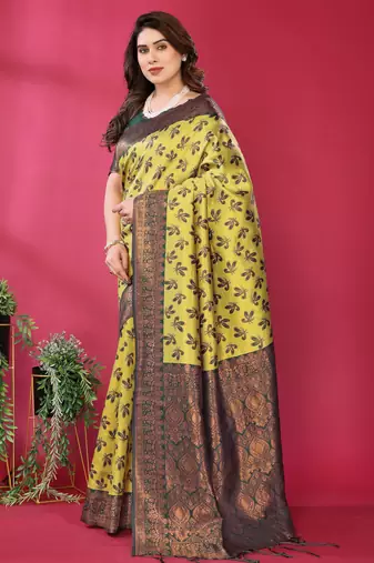 lemon green silk blend banarasi saree with unstitched blouse piece