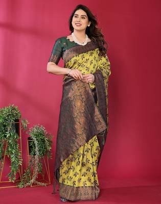 lemon green silk blend banarasi saree with unstitched blouse piece 4