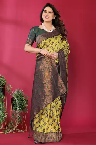 lemon green silk blend banarasi saree with unstitched blouse piece