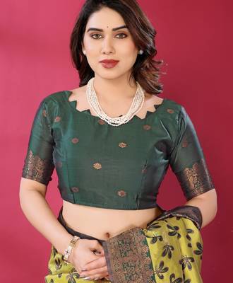 lemon green silk blend banarasi saree with unstitched blouse piece 5