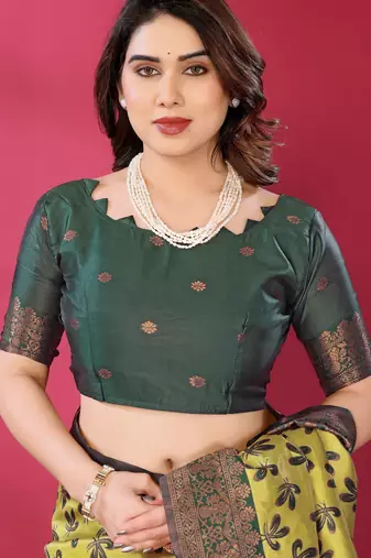 lemon green silk blend banarasi saree with unstitched blouse piece