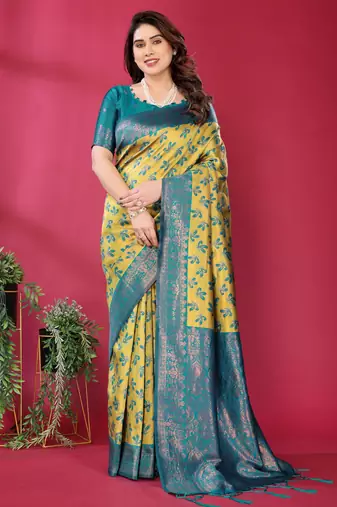 lemon rama silk blend banarasi saree with unstitched blouse piece