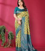 lemon rama  soft art silk blend banarasi jacuard work designer party wear saree with unstitched blouse piece