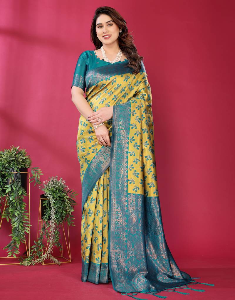 lemon rama  soft art silk blend banarasi jacuard work designer party wear saree with unstitched blouse piece