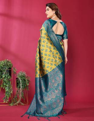 lemon rama silk blend banarasi saree with unstitched blouse piece 3