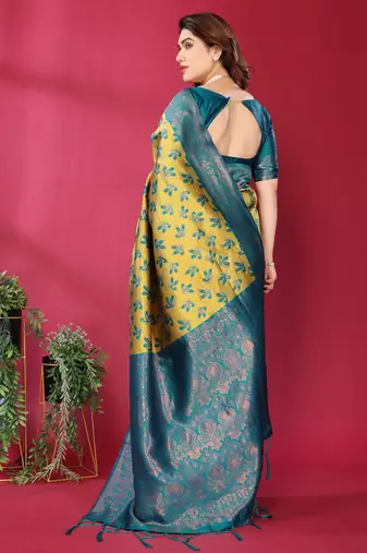 lemon rama silk blend banarasi saree with unstitched blouse piece