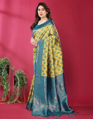 lemon rama silk blend banarasi saree with unstitched blouse piece 4