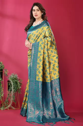 lemon rama silk blend banarasi saree with unstitched blouse piece